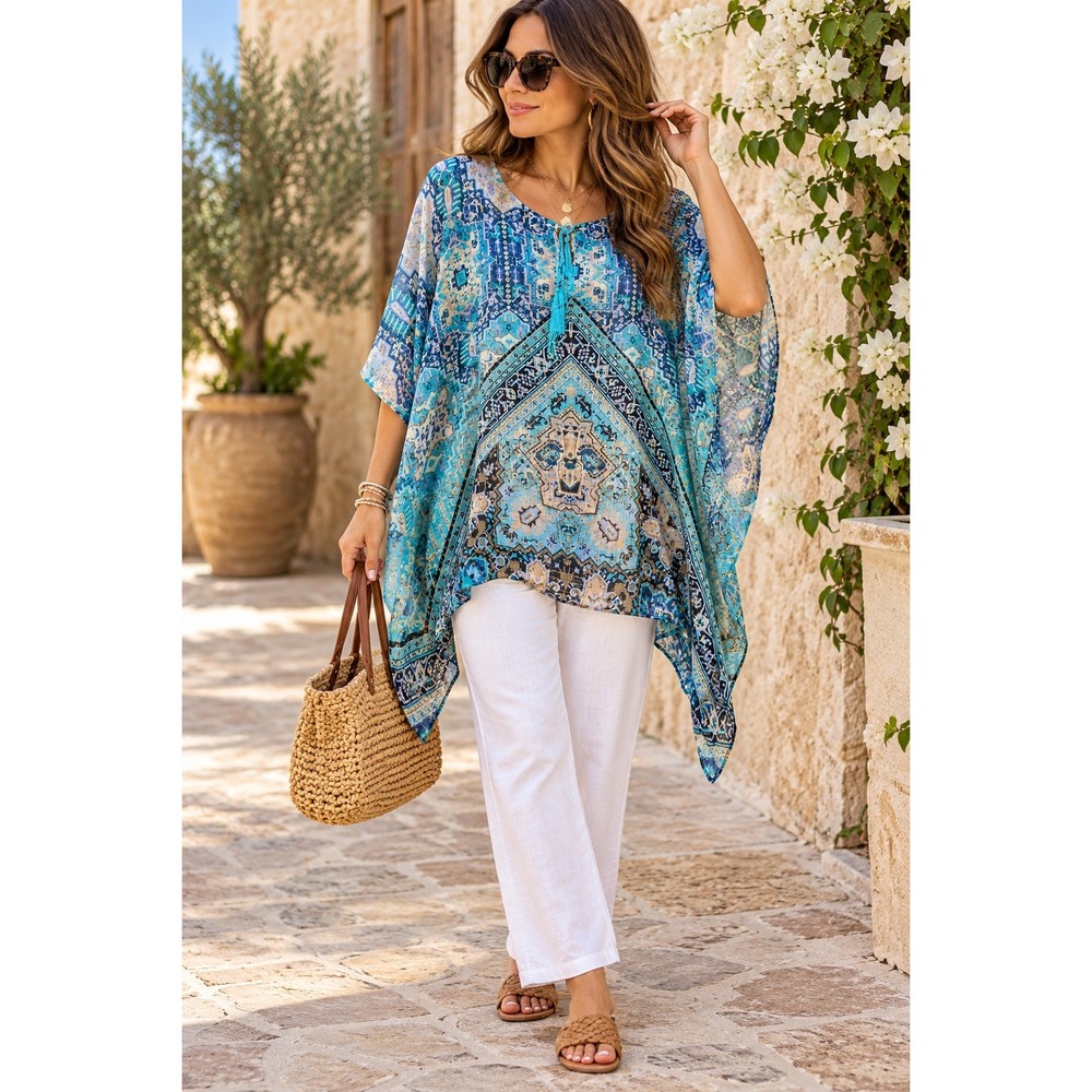 Rose & Olive Blue Paisley Kaftan Top Tassel Tie Metallic Handkerchief Hem Small